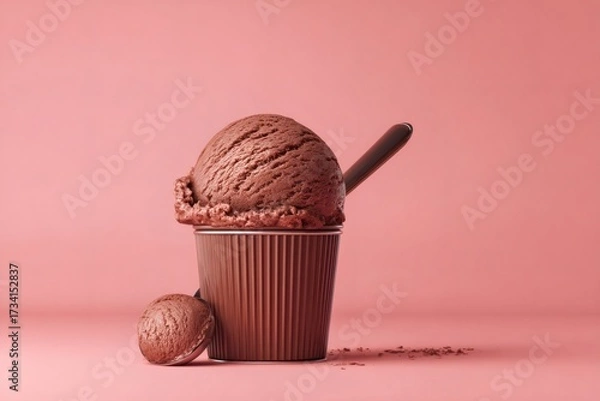 Fototapeta Chocolate ice cream overflowing from a brown paper cup, with a scoop and spoonful of ice cream, against a vibrant pink background