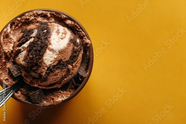 Fototapeta Chocolate cookie dough ice cream in a small bowl with a spoon and chocolate chips, shot from above on a yellow background