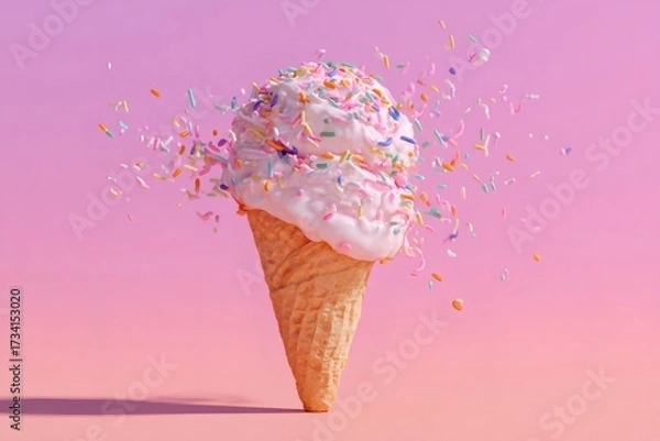Fototapeta Pink ice cream cone with colorful sprinkles exploding, celebrating sweet freshness, summer dessert