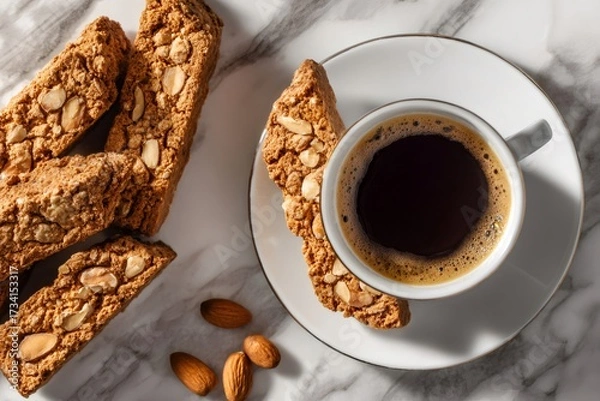 Fototapeta Biscotti cookies with almond pieces arranged alongside a cup of black coffee, resting on a white marble surface