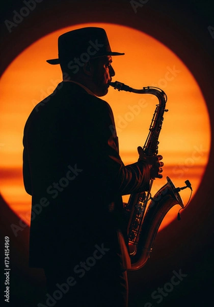 Fototapeta a saxophonist playing his instrument against a bright orange circle, resembling a sunset or a stage spotlight.