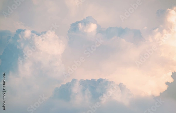 Fototapeta White fluffy cumulus clouds podium on blue sky with empty space background.Beauty cosmetic product placement pedestal present promotion minimal stand display,dreamy concept.