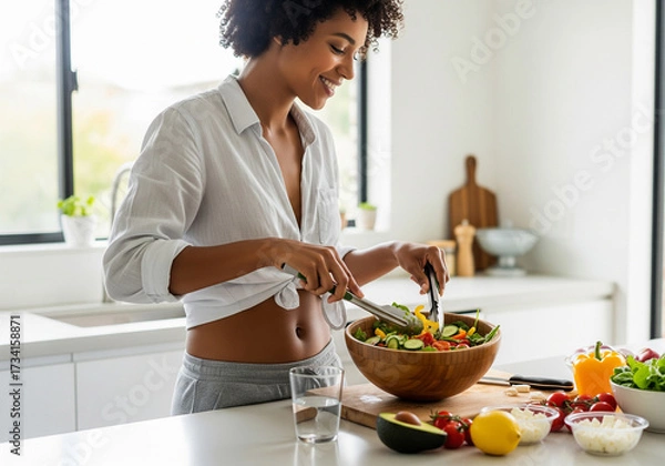 Fototapeta Smiling woman in casual wear making salad in kitchen