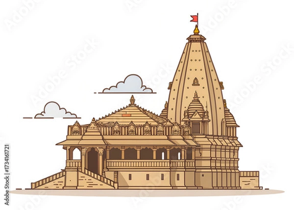 Fototapeta Simplified illustration of Somnath Temple, flat sandstone palette.
