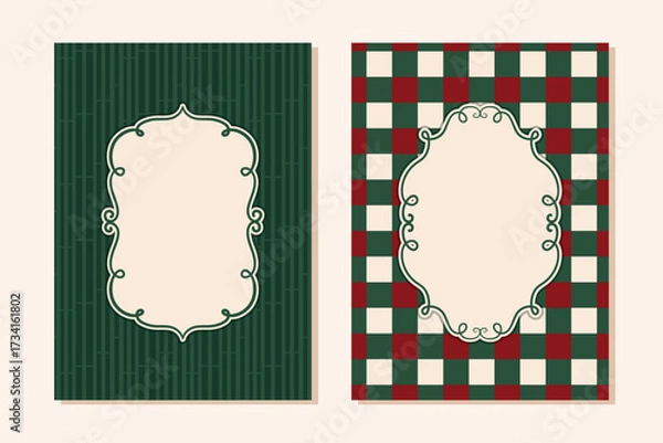 Fototapeta Merry Christmas Festive Frames. Winter Holidays Posters Set with Plaid Pattern and Vintage Elegant Empty Frame. Christmas Invitation Cards Set