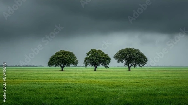 Fototapeta Three Isolated Trees Against a Dark Cloudy Sky Over Green Field