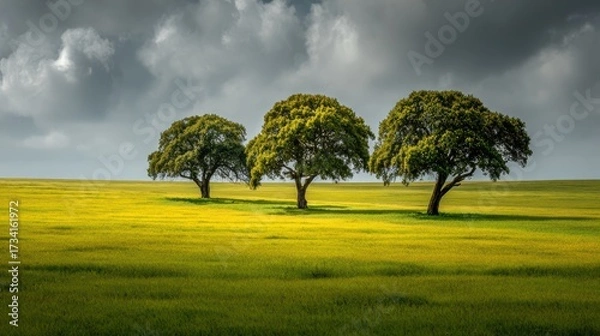 Fototapeta Serene Landscape with Three Trees Under Dramatic Cloudy Sky