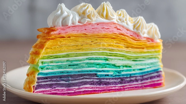 Fototapeta Rainbow Crepe Cake Slice with Colorful Layers and Whipped Cream Topping on White Plate

