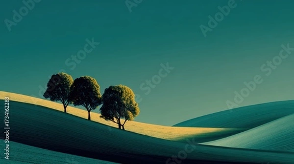 Fototapeta Serene Landscape with Three Trees in Gentle Rolling Hills