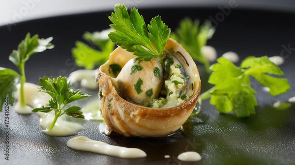 Fototapeta Gourmet Escargot with Herb Butter and Cream Sauce Garnished with Fresh Parsley on Black Plate

