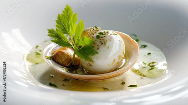 Fototapeta Gourmet Appetizer with Poached Egg, Clam Shell, Fresh Herb Garnish, and Delicate Sauce in White Bowl

