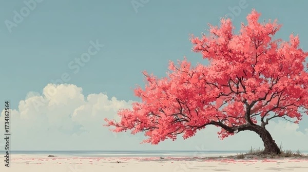 Fototapeta Vibrant Pink Tree Under Clear Sky at Serene Beach Landscape