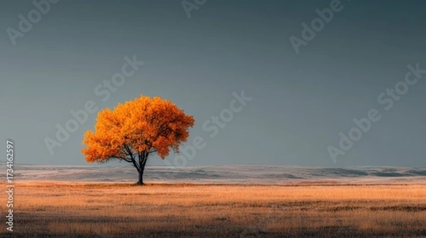 Fototapeta Vibrant Autumn Tree Against Dramatic Sky in Open Landscape