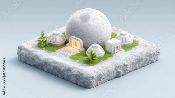 Fototapeta Futuristic 3D isometric scene features lunar habitat with large moon structure and small domed buildings surrounded by greenery