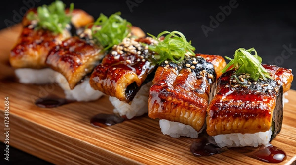 Fototapeta Unagi Nigiri Sushi with Glazed Grilled Eel, Teriyaki Sauce, Sesame Seeds, and Green Onion on Wooden Board
