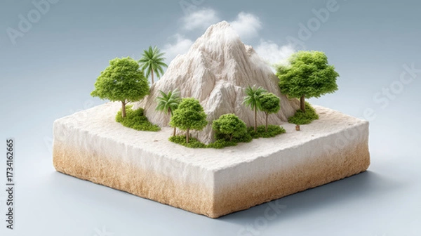 Fototapeta Stunning 3D isometric representation of tropical island features majestic mountain surrounded by lush greenery and palm trees, evoking sense