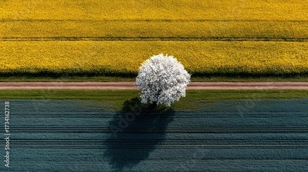 Fototapeta Aerial View of a White Tree in a Colorful Field Landscape