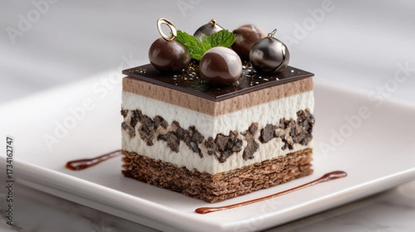 Fototapeta Elegant Layered Chocolate Mousse Cake with Decorative Toppings and Mint Leaf on White Plate
