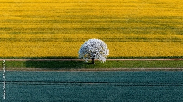 Fototapeta Isolated Blossom Tree Surrounded by Vibrant Yellow and Green Fields