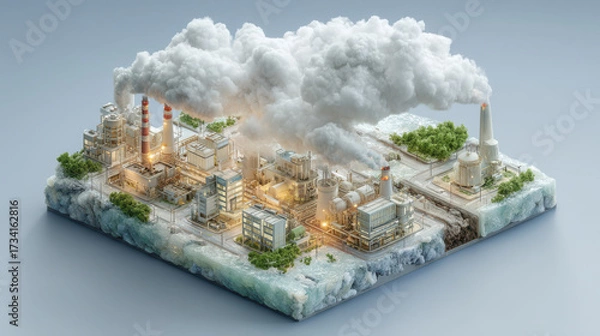 Fototapeta Stunning 3D isometric view of modern industrial complex featuring smokestacks, machinery, and lush greenery, showcasing innovation