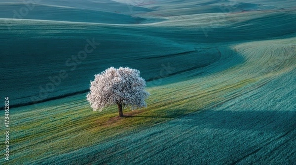 Fototapeta Isolated Blooming Tree on Lush Green Landscape in Soft Light