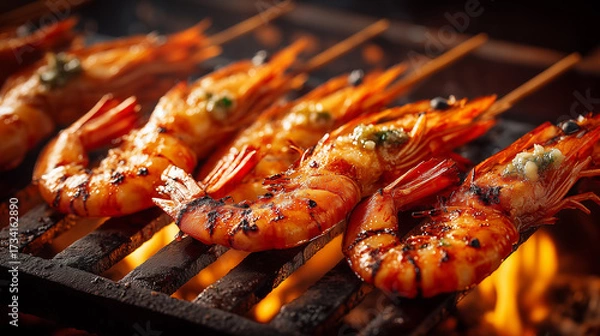 Fototapeta Grilled Shrimp Skewers with Garlic Butter Cooking Over Open Flame on Barbecue Grill
