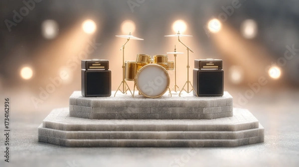 Fototapeta Stunning 3D isometric representation of drum set on stage with amplifiers and soft lighting creates inviting atmosphere for music lovers