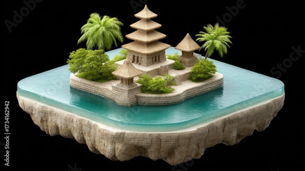 Fototapeta Serene 3D isometric view of tranquil island featuring traditional architecture surrounded by lush greenery and clear water