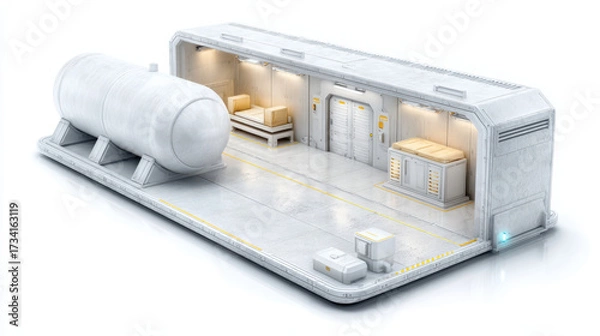 Fototapeta Futuristic 3D isometric design showcases clean, minimalistic interior with cylindrical storage tank, seating area, and organized workspace
