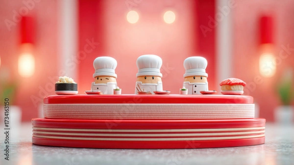 Fototapeta Miniature chefs in vibrant sushi restaurant create delightful 3D isometric scene showcasing culinary artistry and playful design