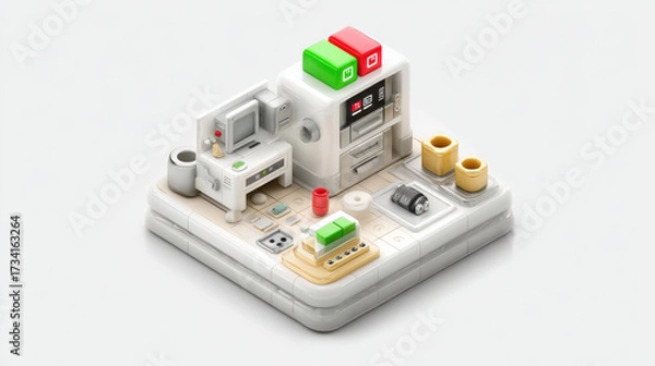 Fototapeta 3D isometric representation of modern kitchen workspace featuring appliances, utensils, and storage. This design showcases clean and organized