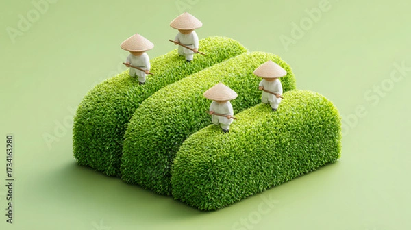 Fototapeta 3D isometric scene features miniature figures tending to vibrant green grass hills, creating serene and playful atmosphere