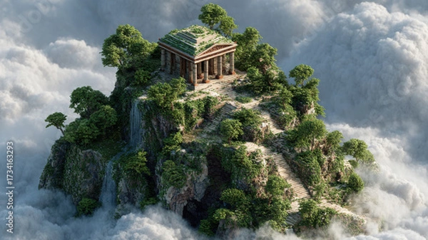 Fototapeta Stunning 3D isometric view of majestic temple surrounded by lush greenery atop rocky mountain, emerging from soft clouds
