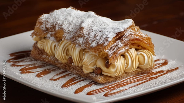 Fototapeta Layered Puff Pastry Dessert with Cream Filling, Powdered Sugar, and Caramel Drizzle on White Plate
