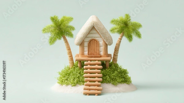 Fototapeta Charming 3D isometric illustration of tropical house surrounded by palm trees and lush greenery, evoking serene vacation vibe