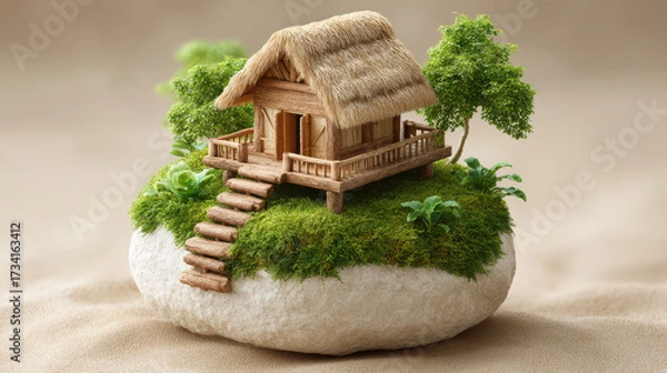 Fototapeta Charming 3D isometric model of wooden house with thatched roof surrounded by lush greenery on stone base evokes sense of tranquility and nature