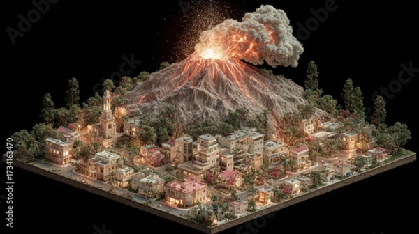 Fototapeta Stunning 3D isometric view of vibrant town with volcano erupting in background, showcasing dynamic interplay of nature and urban life