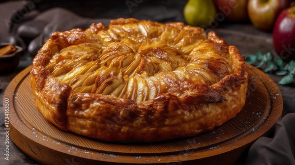 Fototapeta Whole Baked Apple Tart with Golden Puff Pastry Crust on Wooden Stand Surrounded by Fresh Apples and Pears
