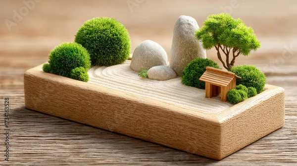 Fototapeta Serene 3D isometric representation of miniature landscape featuring smooth stones, lush greenery, and small wooden house, evoking tranquility