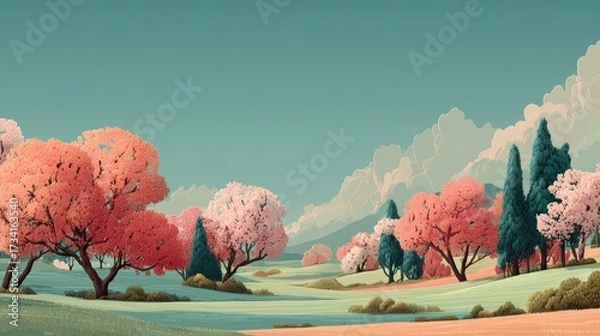Fototapeta Serene Landscape Featuring Colorful Trees and Soft Mountain Background