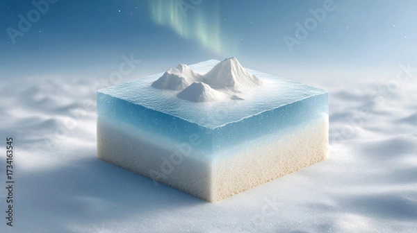 Fototapeta Stunning 3D isometric illustration of serene landscape featuring mountains surrounded by water and clouds, evoking sense of tranquility and wonder
