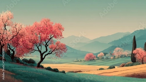 Fototapeta Serene Spring Landscape with Pink Trees and Rolling Hills at Dusk