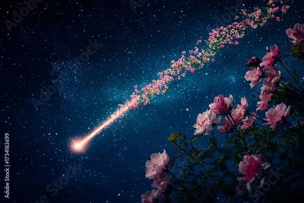 Fototapeta Shooting star creates a trail of blooming flowers in the night sky filled with stars
