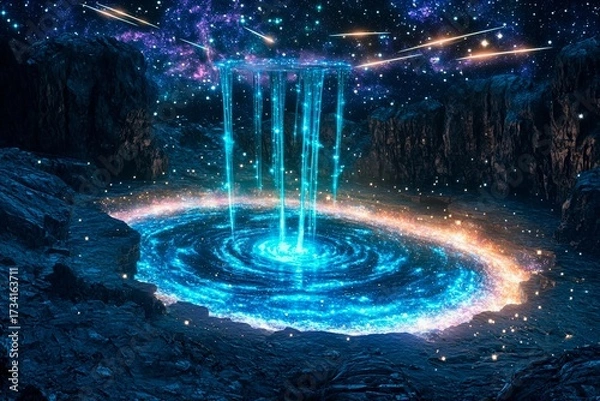 Fototapeta Cosmic landscape where shooting stars cascade into a vibrant galaxy under a starlit sky