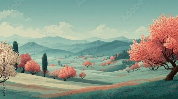 Fototapeta Serene Landscape with Blossom Trees and Rolling Hills in Spring Light