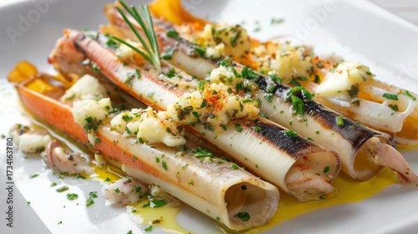 Fototapeta Grilled Razor Clams with Garlic Butter and Herbs on Wh
