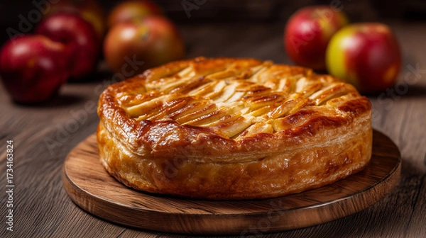 Fototapeta Whole Homemade Apple Pie with Golden Crust on Wooden Board Surrounded by Fresh Red Apples
