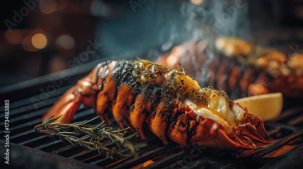 Fototapeta Grilled Lobster Tail with Herbs and Melted Butter on Barbecue Grill with Steam Rising in Warm Lighting
