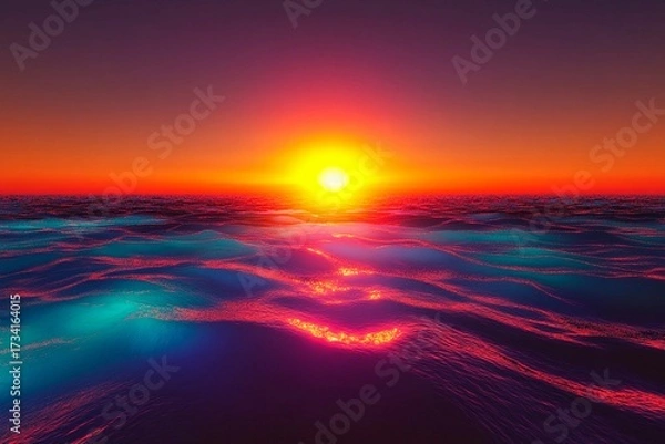 Fototapeta Sunset over a glowing sea creates a vibrant reflection of colors at the horizon