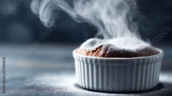 Fototapeta Freshly Baked Chocolate Soufflé in White Ramekin with Powdered Sugar and Rising Steam on Dark Background
